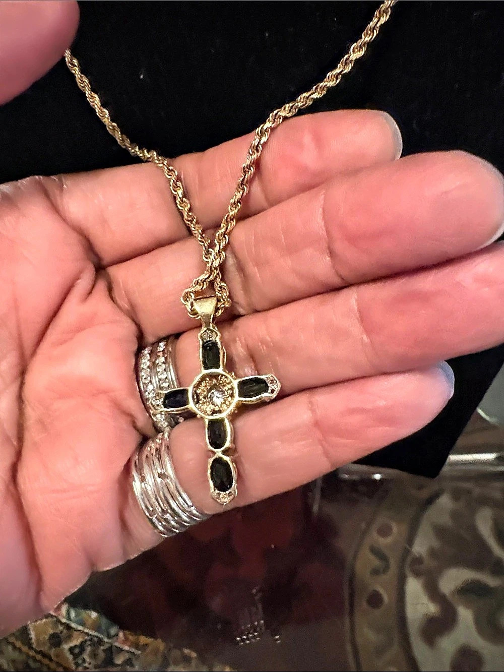 14K Gold Rope Chain, 10K Cross With Sapphires and Diamonds, RN, Virgin Mary and
